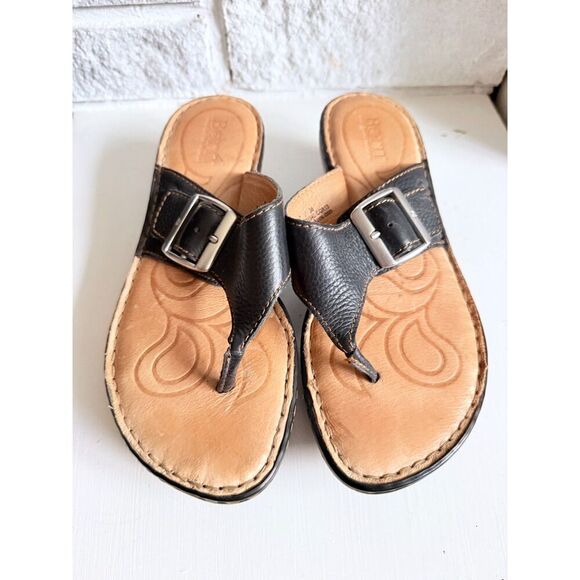 Born Black Pebble Leather Thong Wedge Platform Flip Flop Buckle Sandals Size 7 - Picture 3 of 8